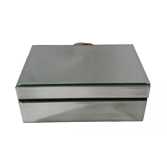 Mirrored Glass Hinged 8" Trinket Jewelry Box W/ Amethyst Geode Knob Gold Trim - Picture 6 of 12